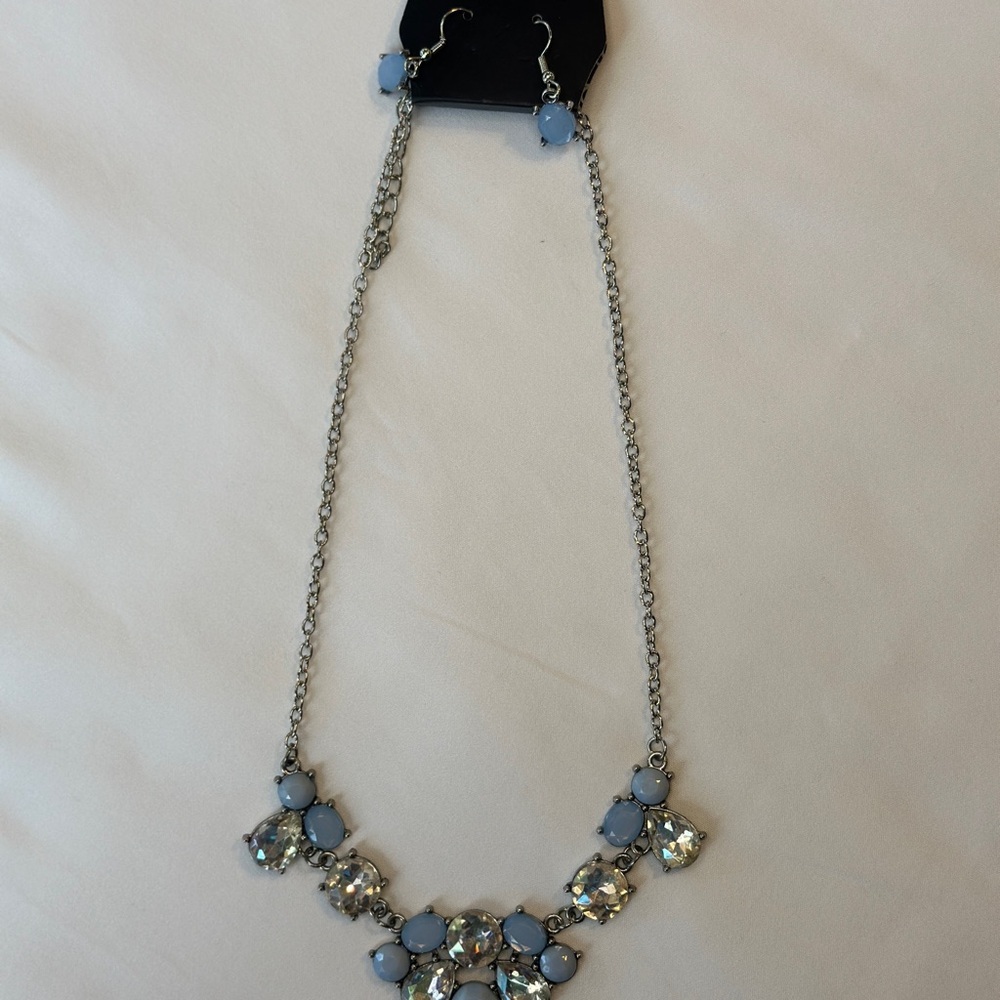 Blue Gemstone Silver Necklace with Sparkling Crystals - Picture 4 of 5